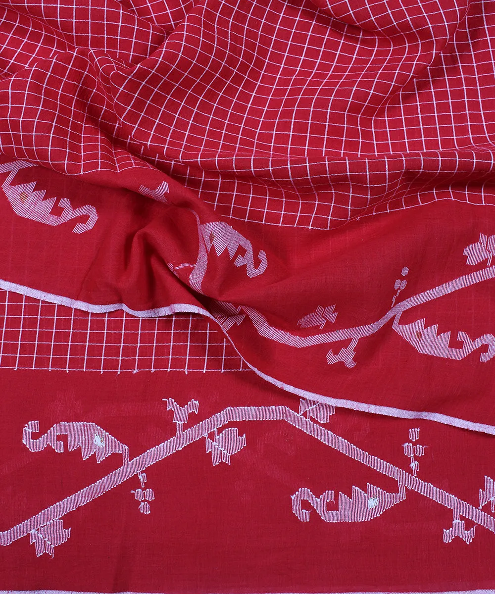 0.65m red handwoven jamdani cotton check bordered fabric