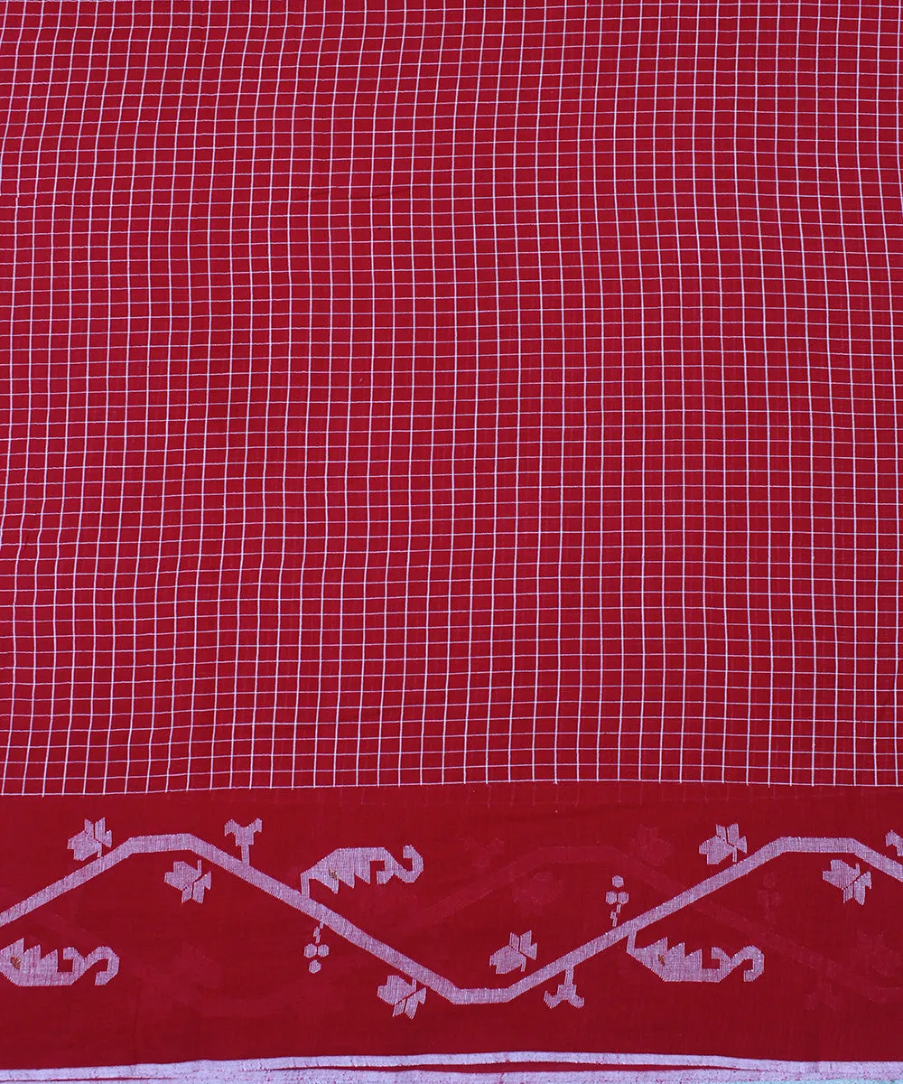 0.65m red handwoven jamdani cotton check bordered fabric