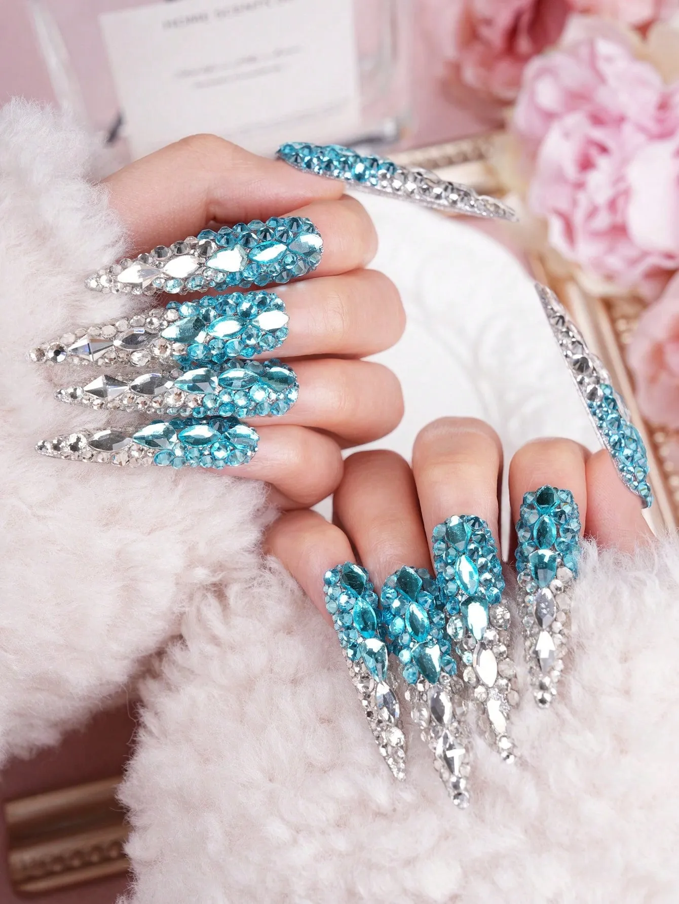 10pcs Handmade 3D Press on Rhinestone Nails