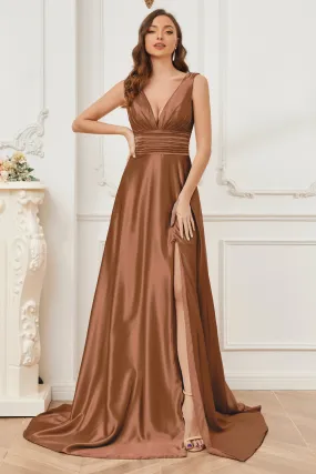 A-line V-neck Sleeveless Soft Satin Long Bridesmaid Dress