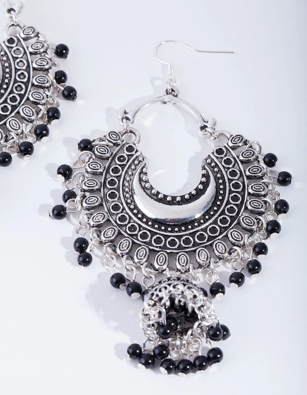 Antique Silver Black Beaded Drop Jhumka Earrings