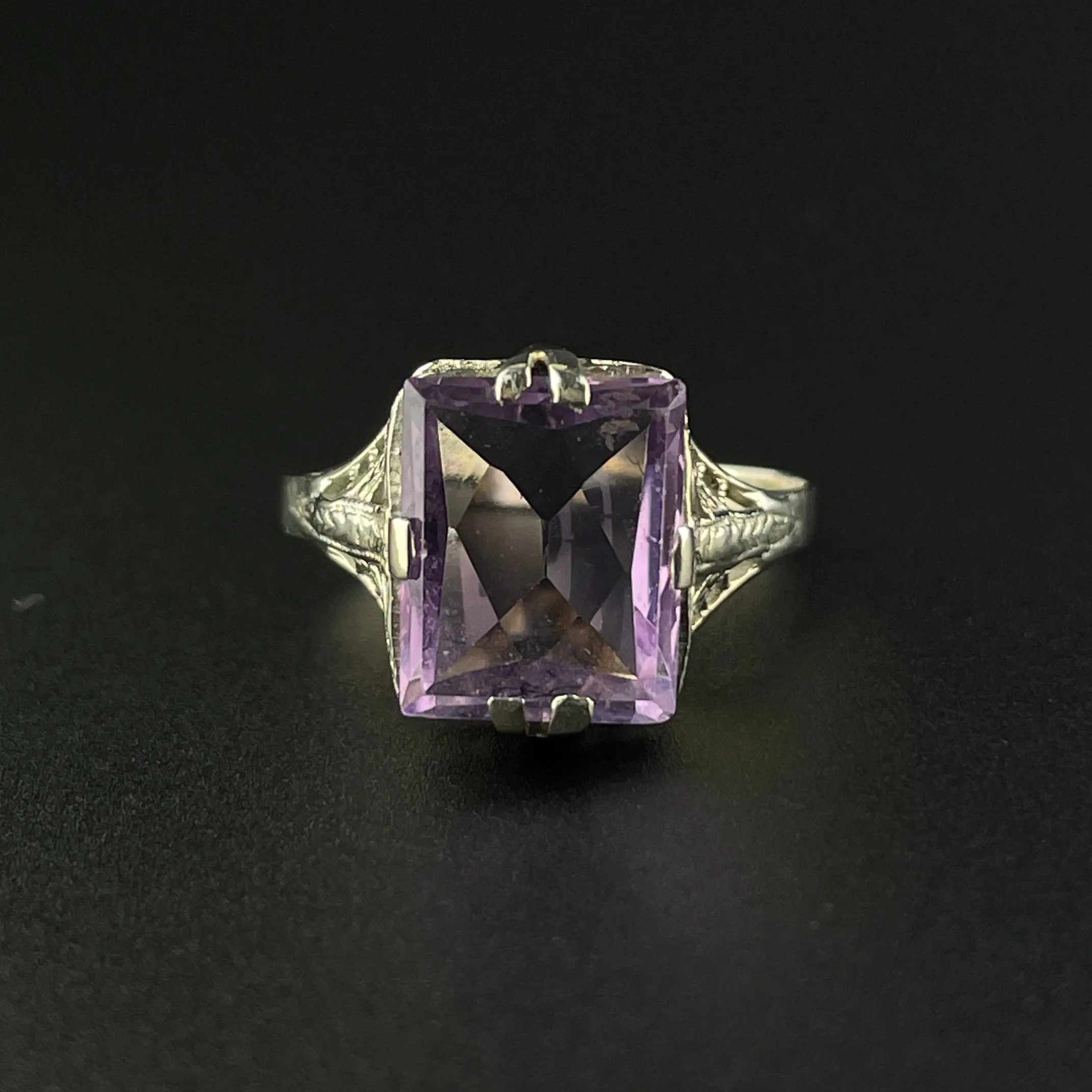 Art Deco 14K White Gold Amethyst Ring, Sz 6.5