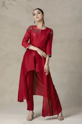 Asymmetrical Carmine Red German Silk Kurta Pant Set