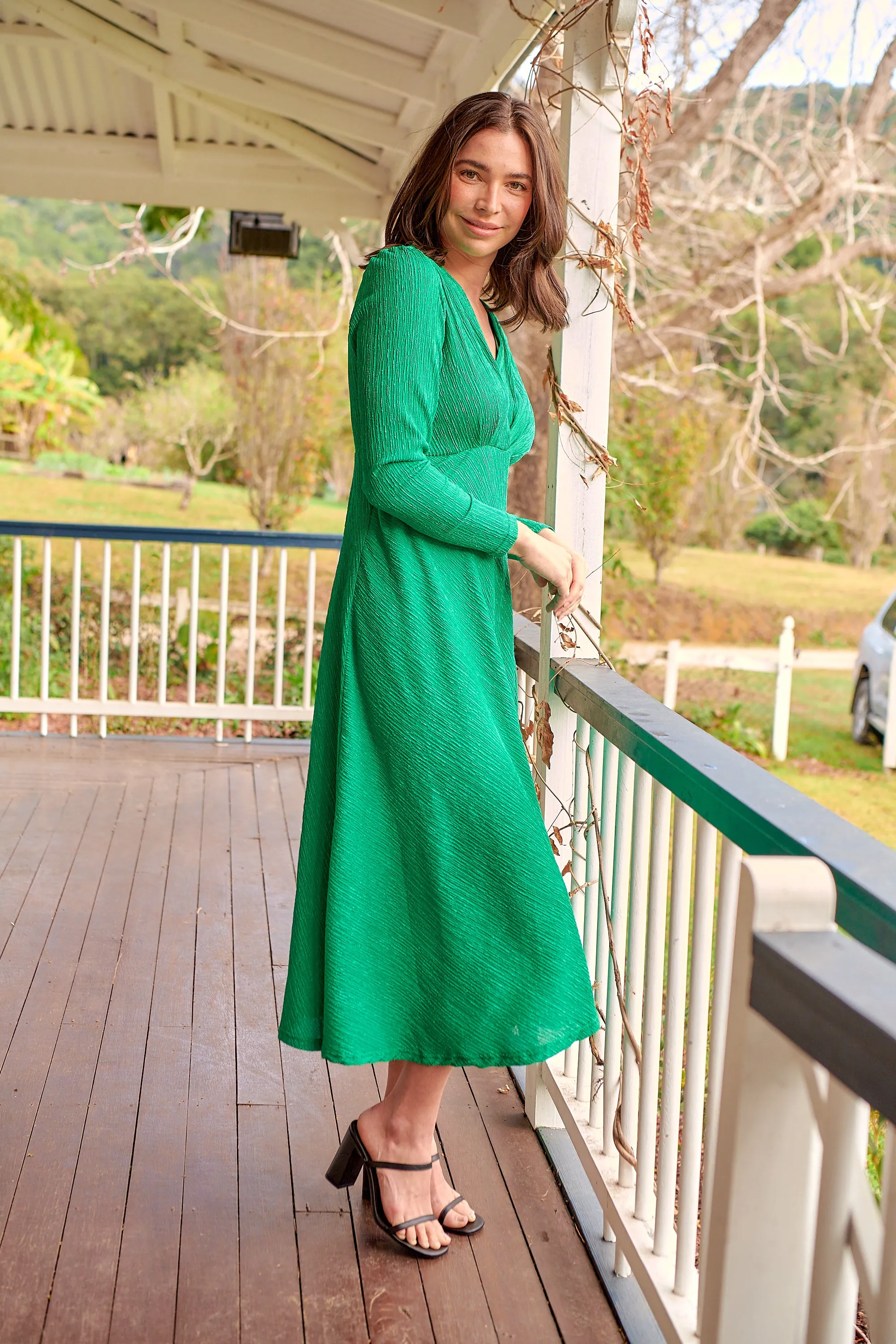 Azalia Green V Neck Long Sleeve Evening Dress