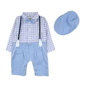 Bowtie Romper With Suspender And Cap - Purple Checks