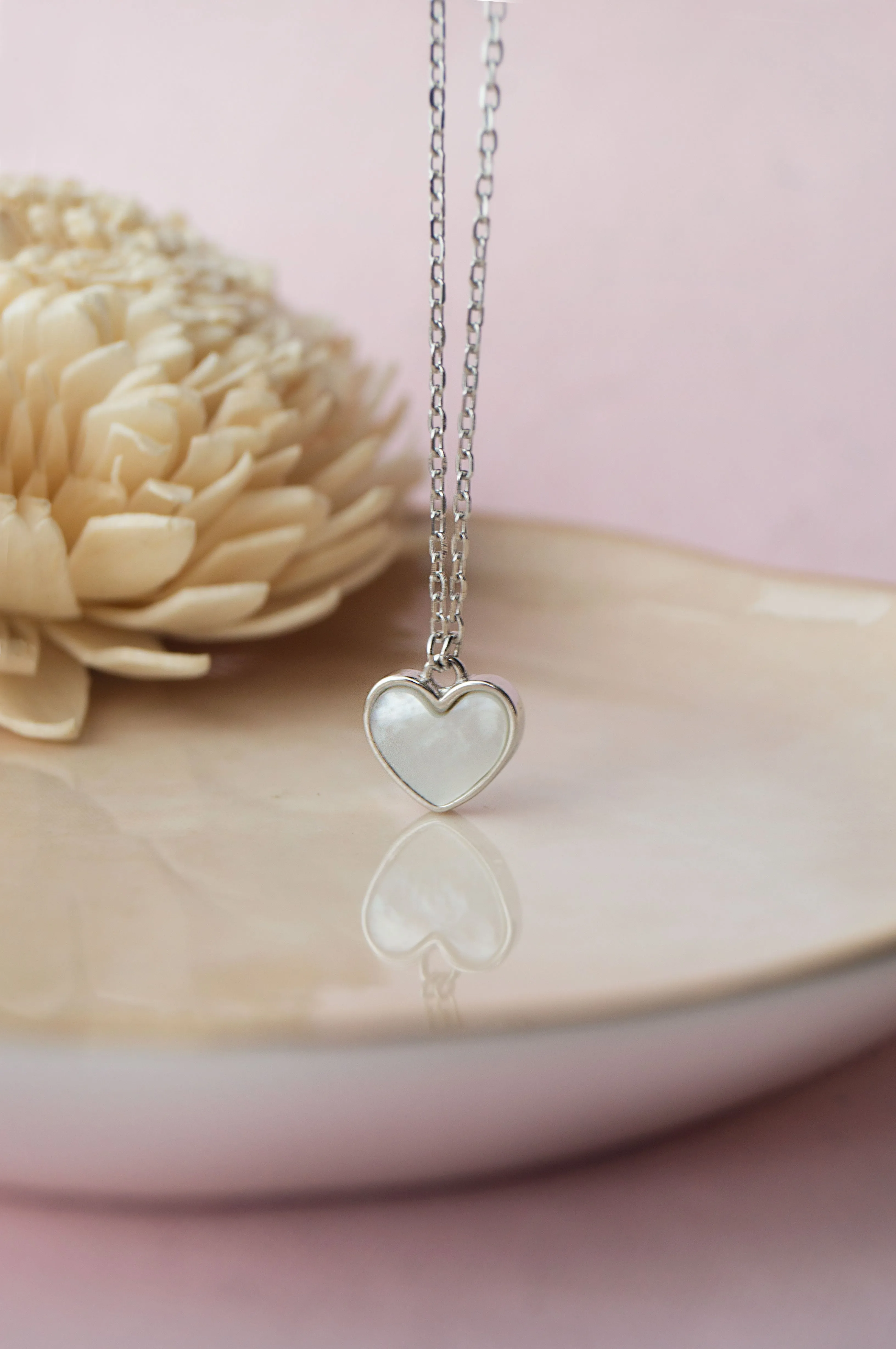 Dainty Mother-Of-Pearl Heart Sterling Silver Necklace Set