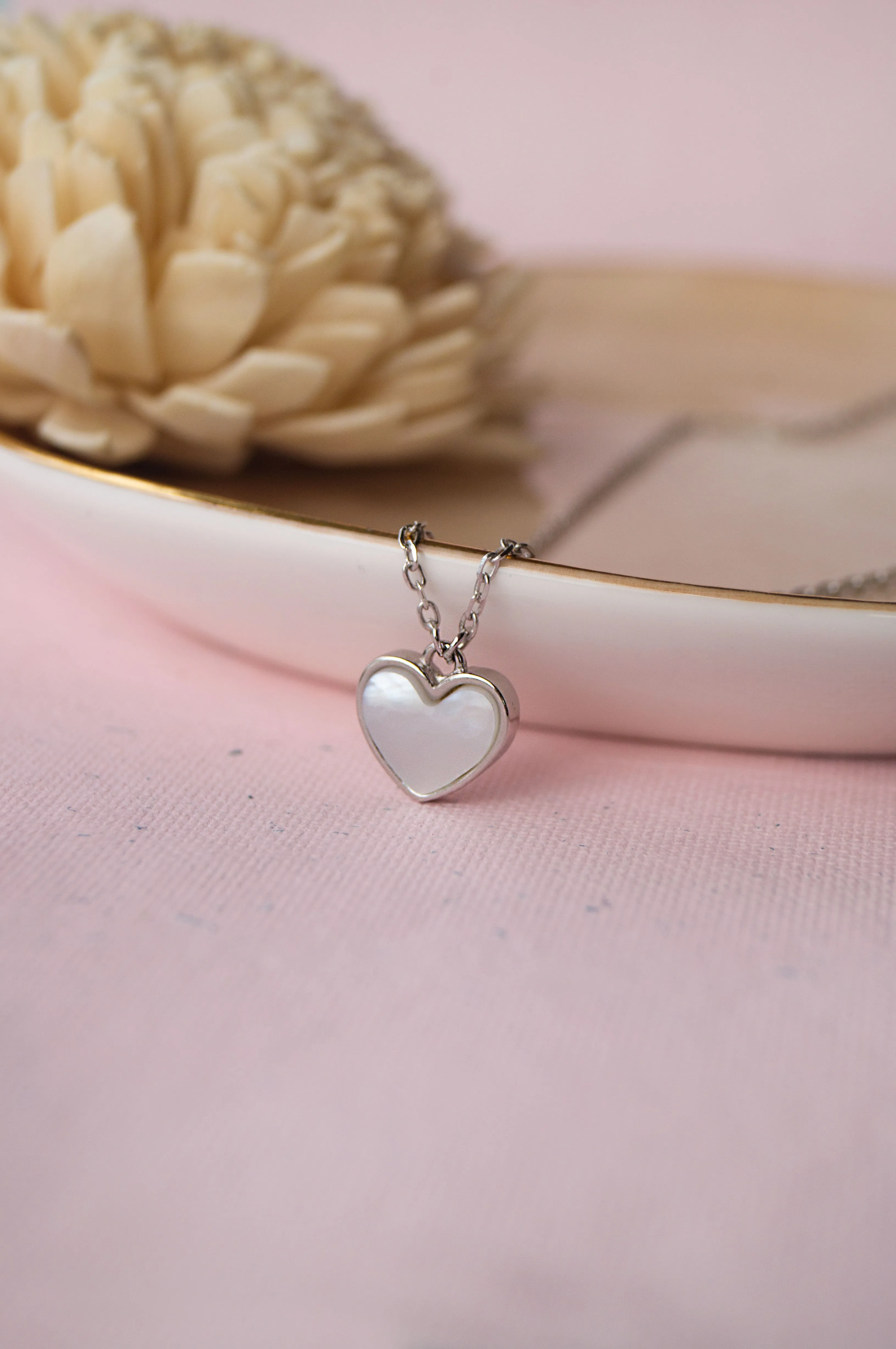 Dainty Mother-Of-Pearl Heart Sterling Silver Necklace Set