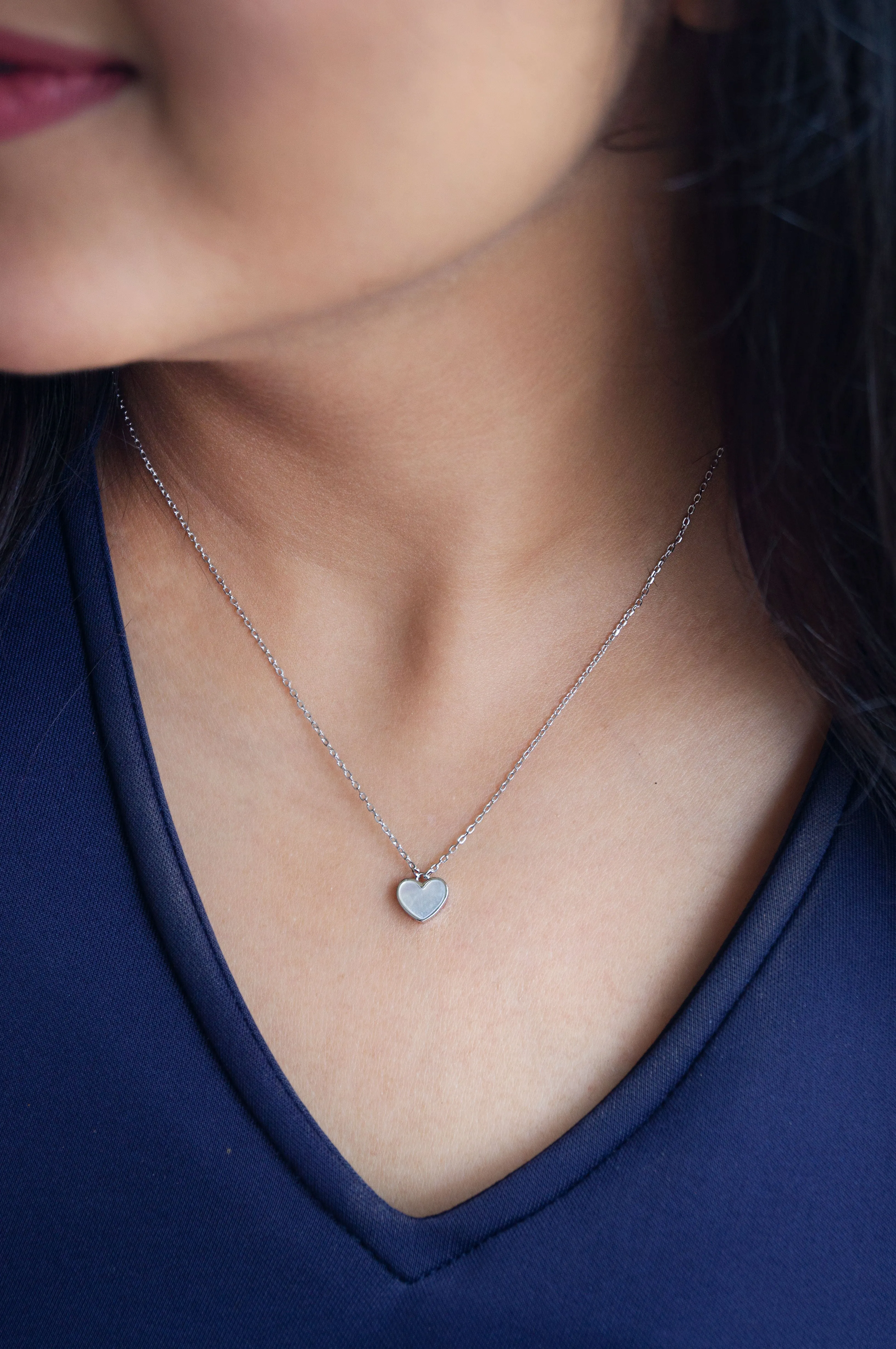 Dainty Mother-Of-Pearl Heart Sterling Silver Necklace Set