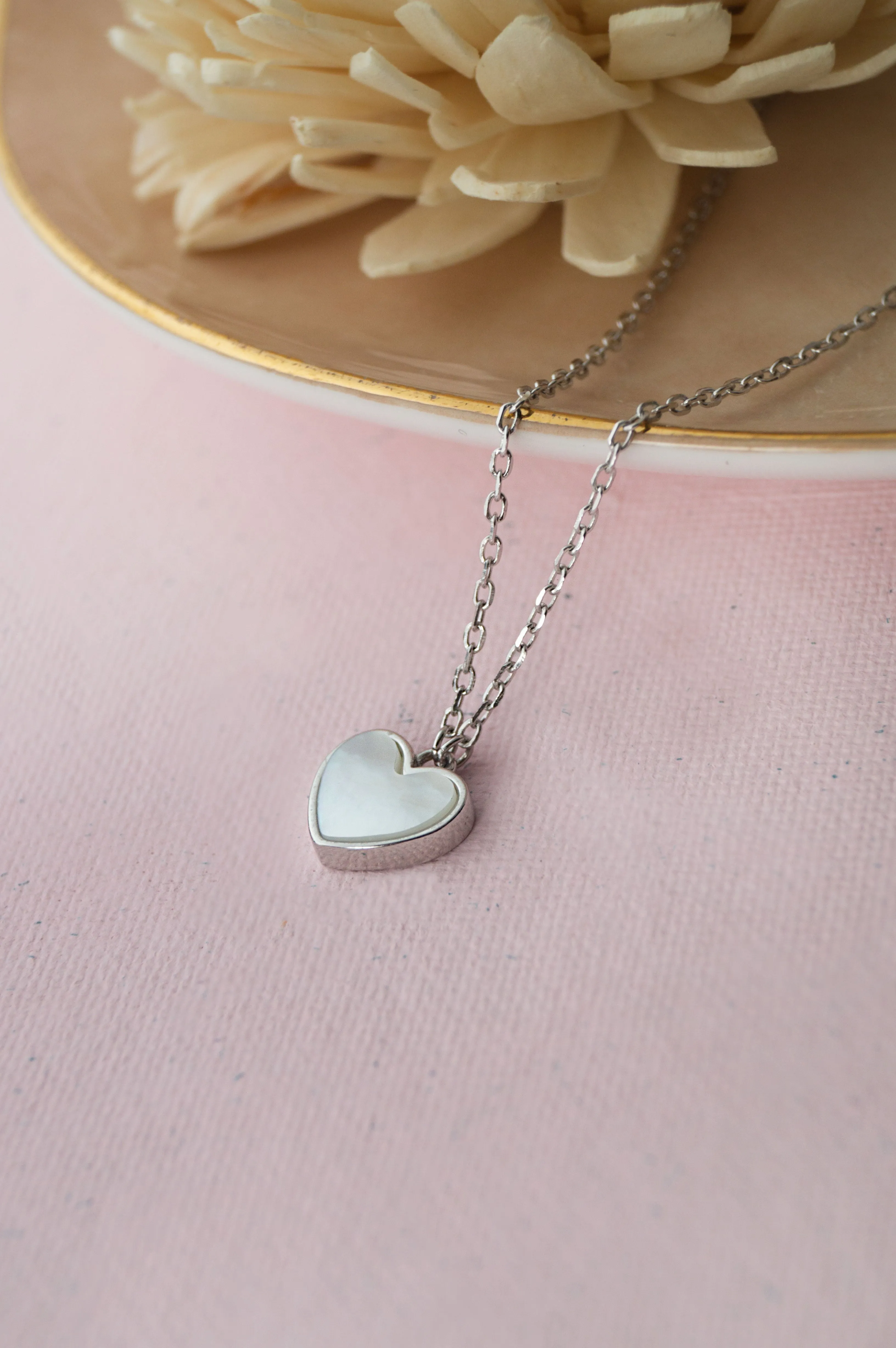 Dainty Mother-Of-Pearl Heart Sterling Silver Necklace Set