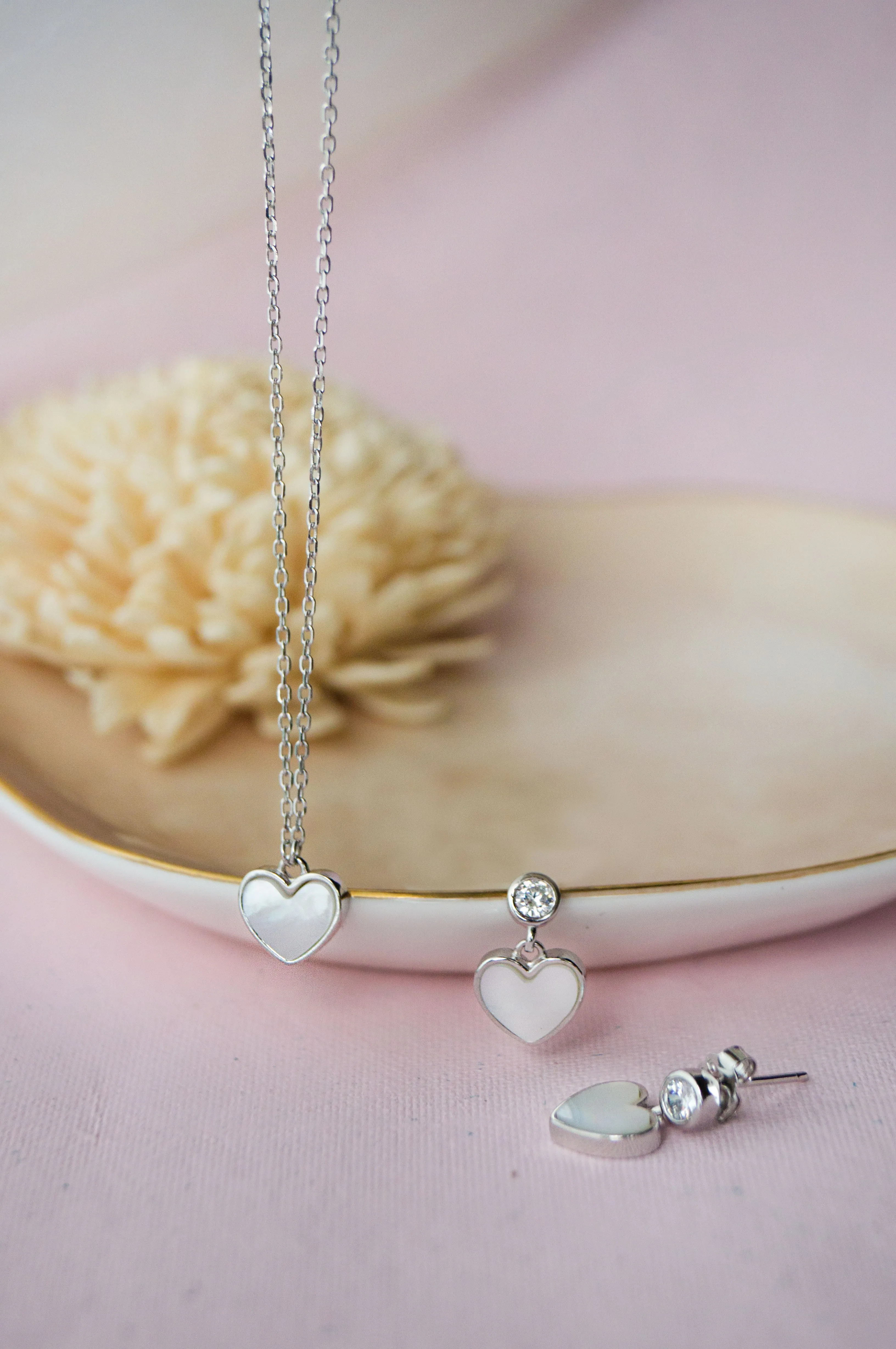 Dainty Mother-Of-Pearl Heart Sterling Silver Necklace Set