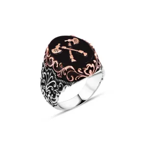 Double Viking Axe on Black Ellipse Onyx Stone Silver Men's Ring with Wavy Pattern Around