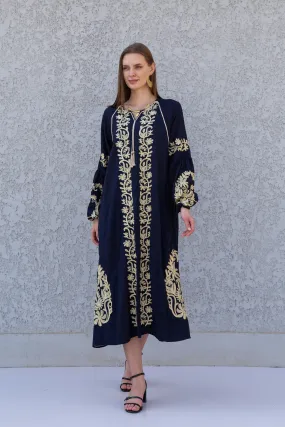 Ethnic embroidered navy blue cotton kaftan dress, tunic dress, caftans for women, Egyptian cotton. Summer caftan, party, casual, home dress