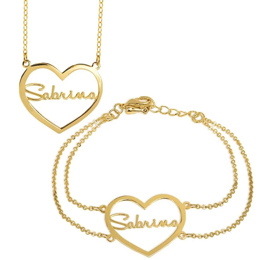 Heart Nameplate Necklace & Bracelet