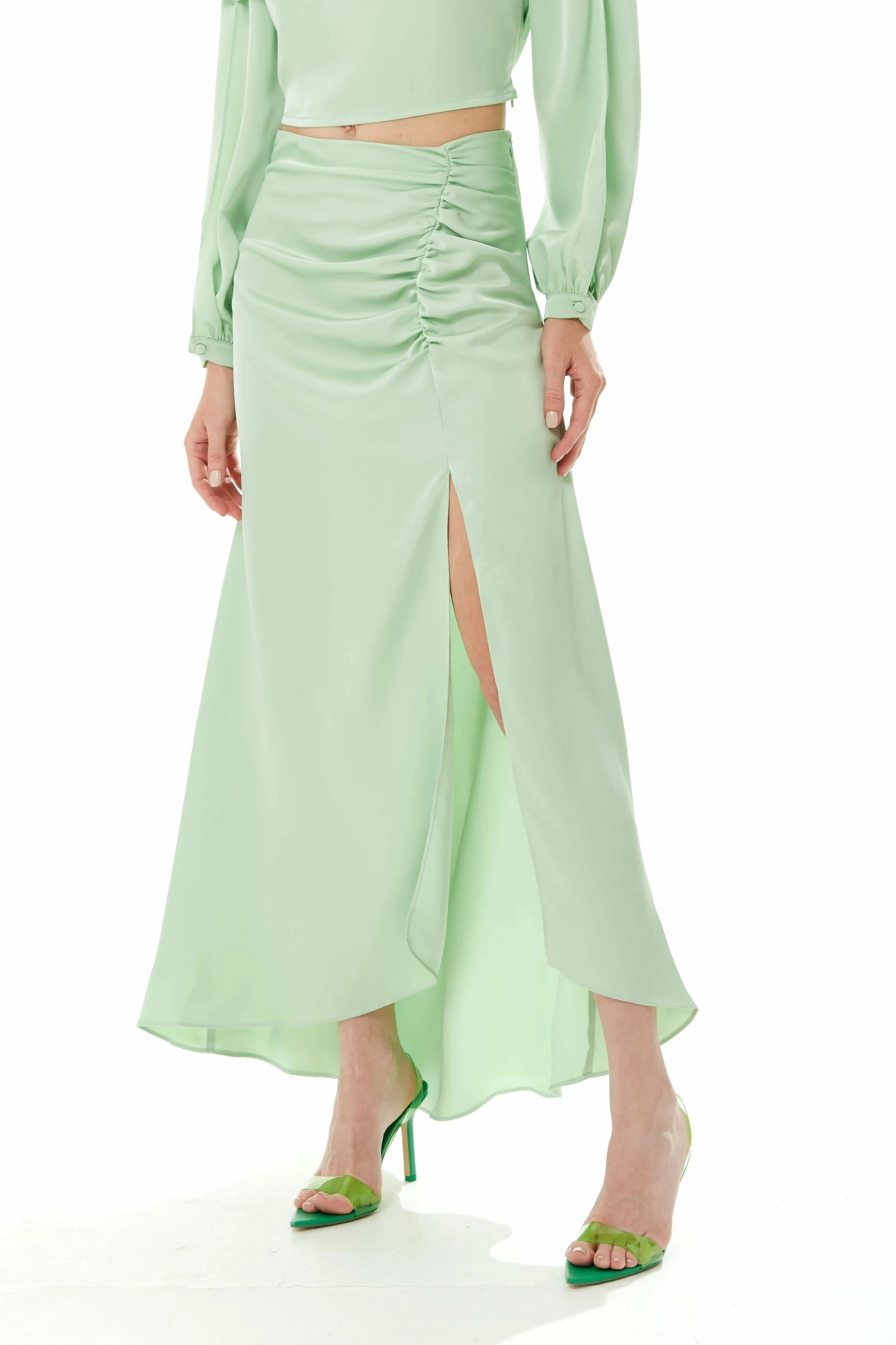 Liquorish Gathered Detail Maxi Skirt With A Slit In Mint