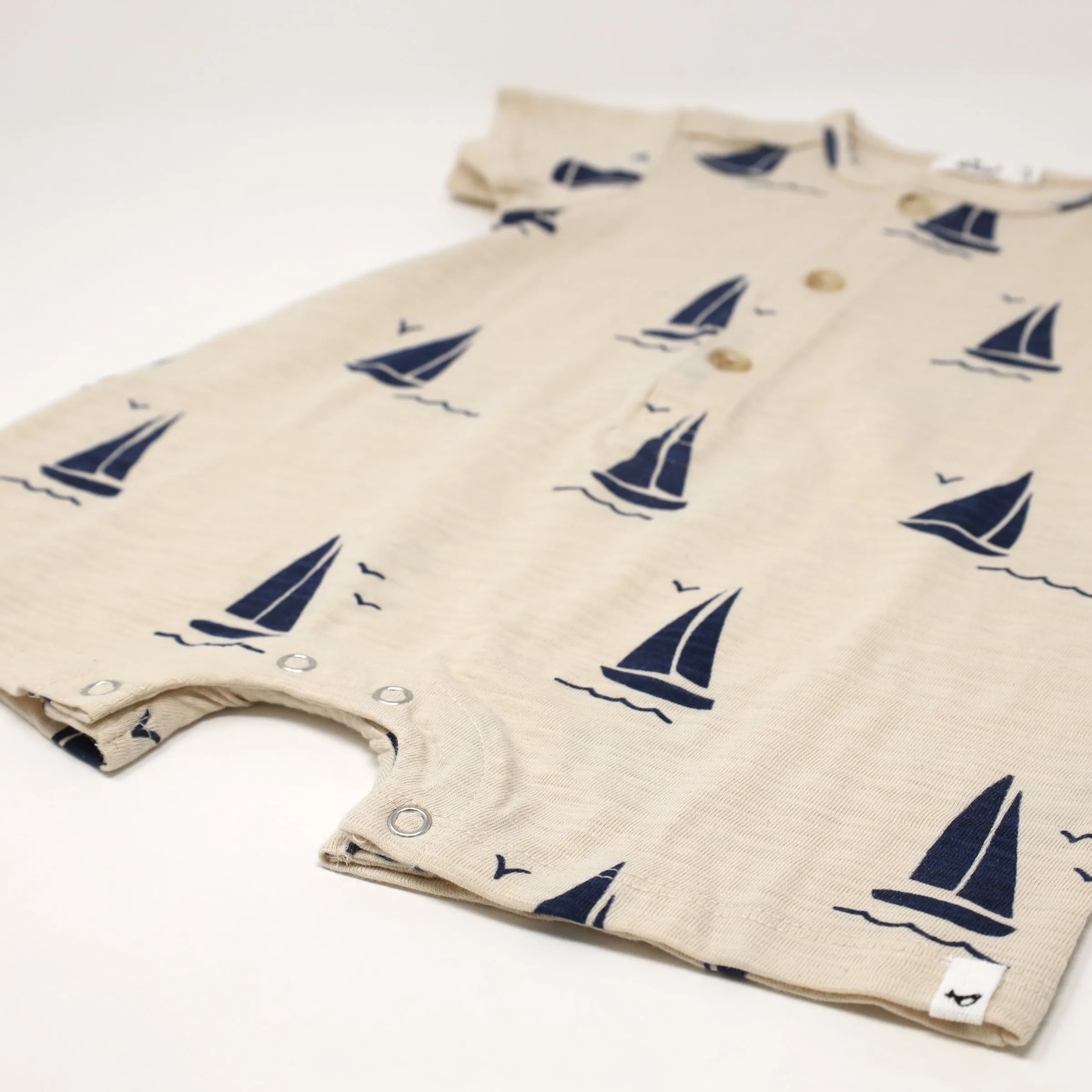 oh baby! Short Sleeve Button Neck Slub Romper -  Navy Sailboat Print - Oat