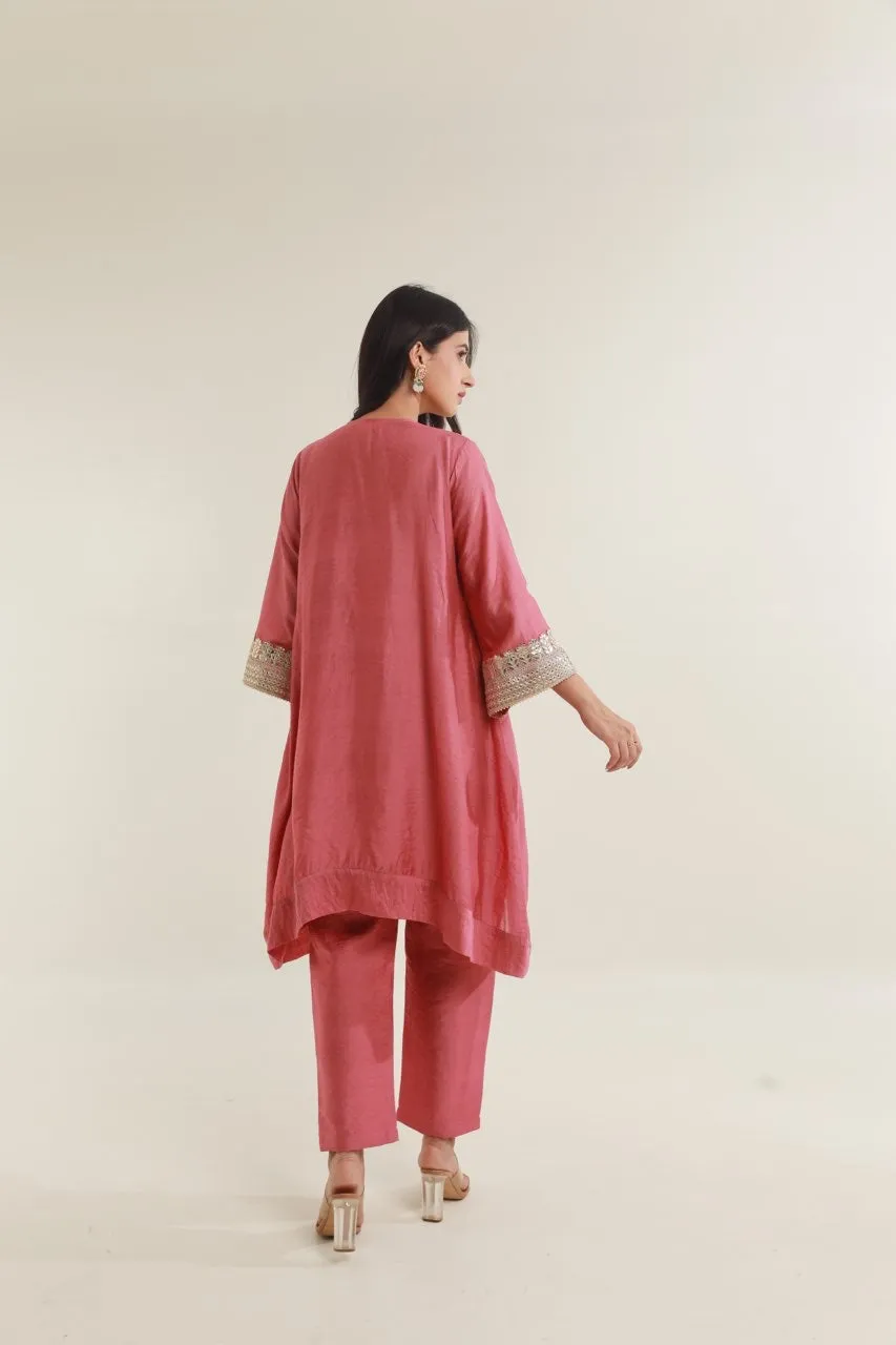 Pink Chanderi Gota Lace Straight  Set