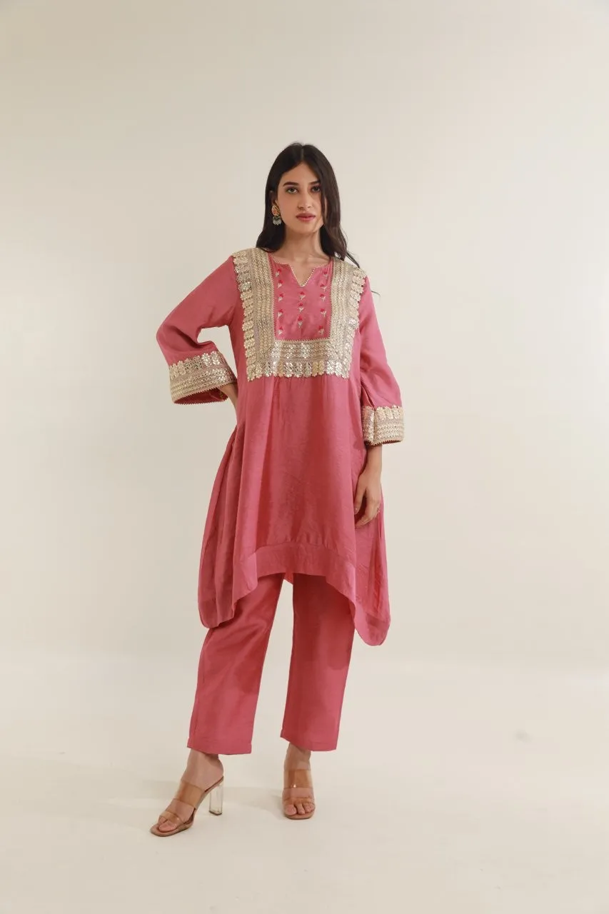 Pink Chanderi Gota Lace Straight  Set