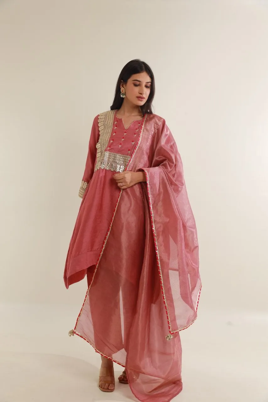 Pink Chanderi Gota Lace Straight  Set