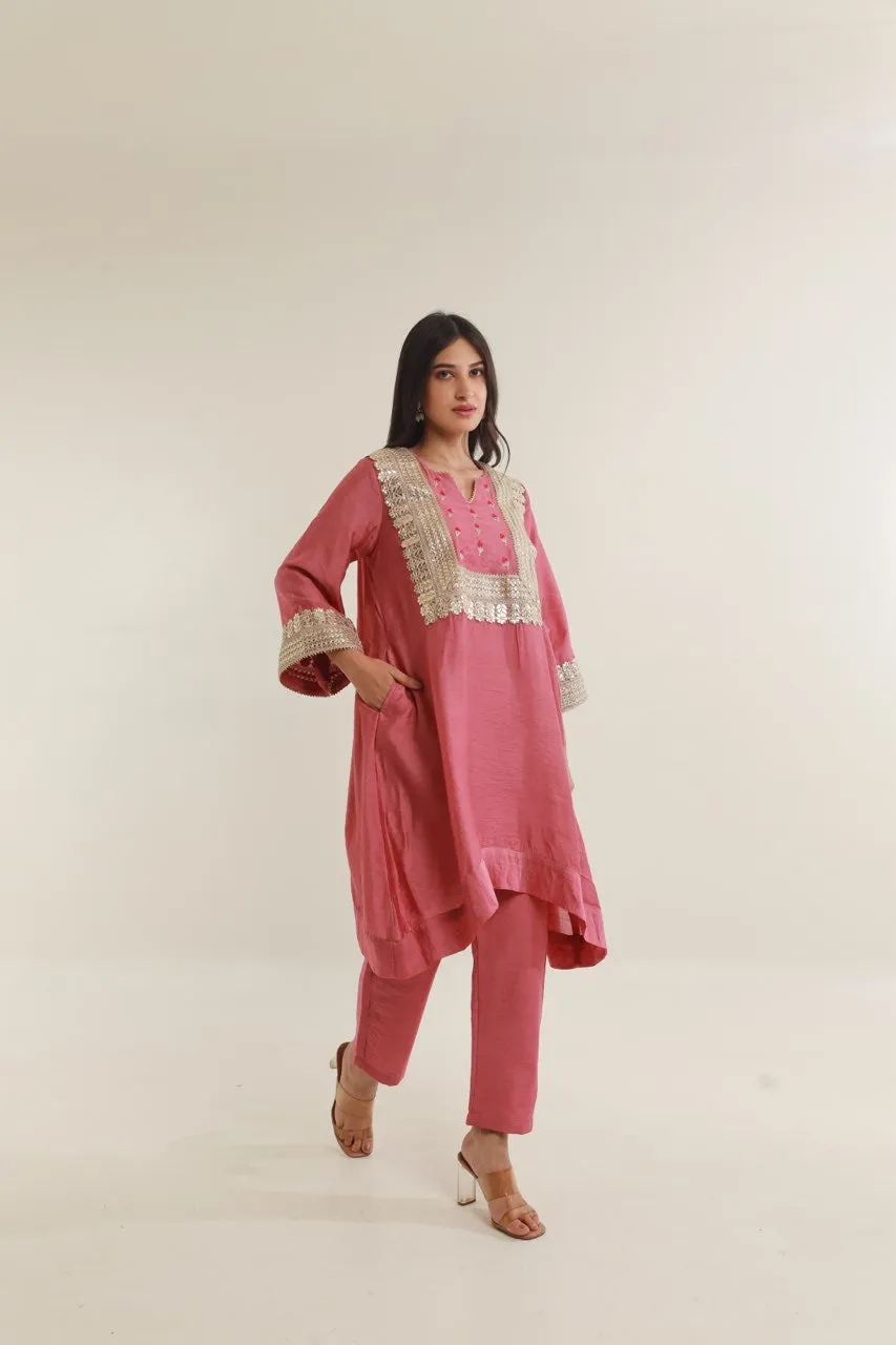 Pink Chanderi Gota Lace Straight  Set