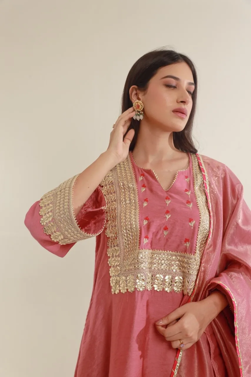 Pink Chanderi Gota Lace Straight  Set