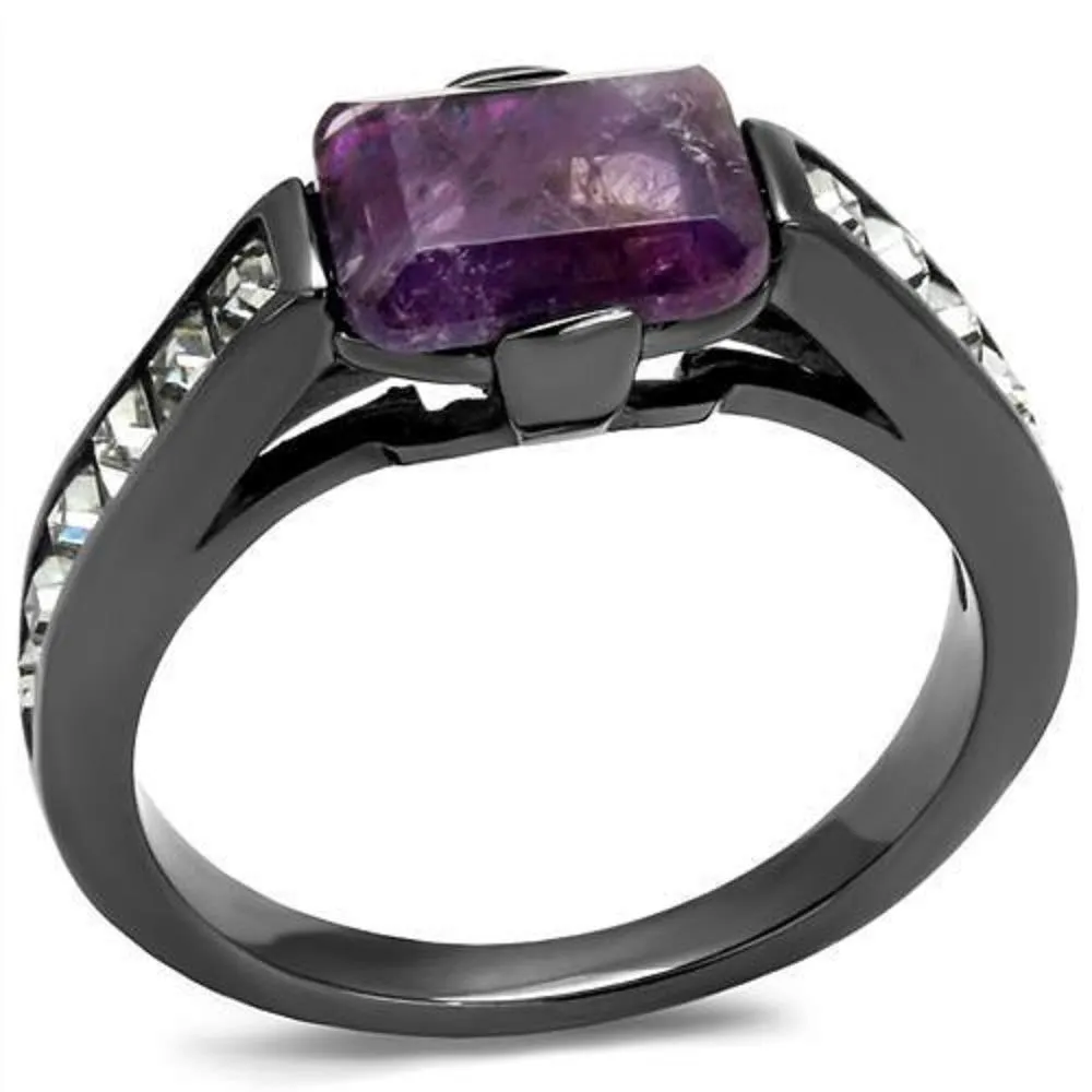 WildKlass Stainless Steel Ring IP Light Black (IP Gun) Women Precious Stone Amethyst