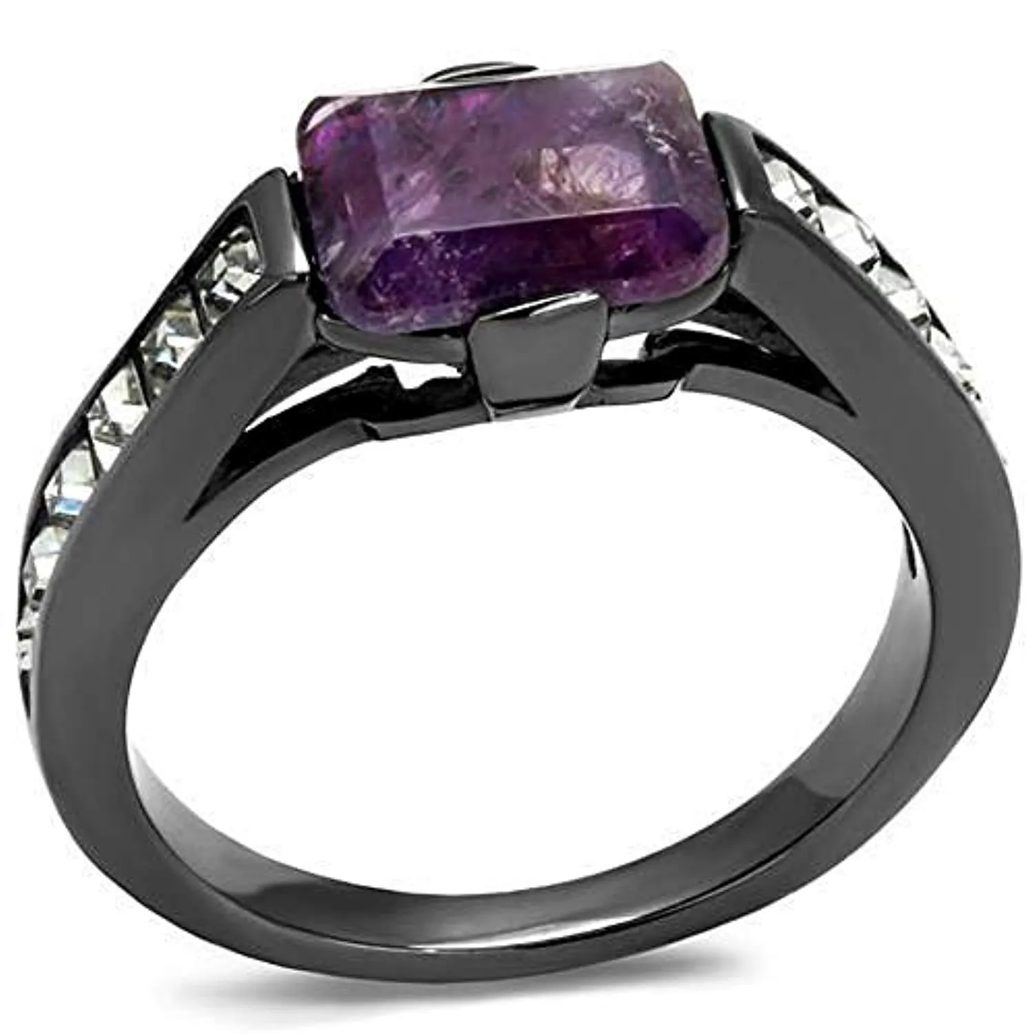 WildKlass Stainless Steel Ring IP Light Black (IP Gun) Women Precious Stone Amethyst