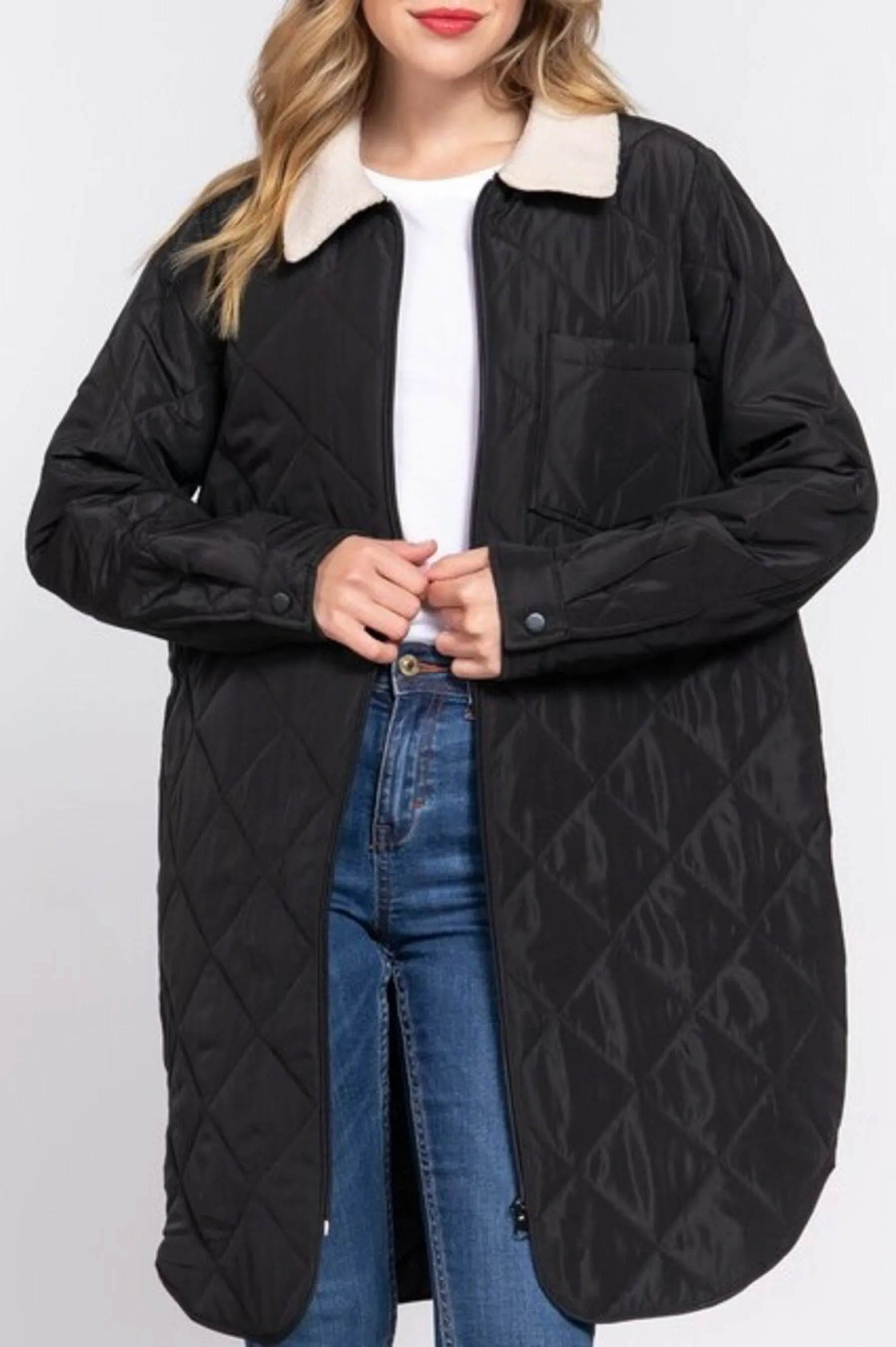 Women's Long sleeve fur collar detail quilted puffer long zip up jacket